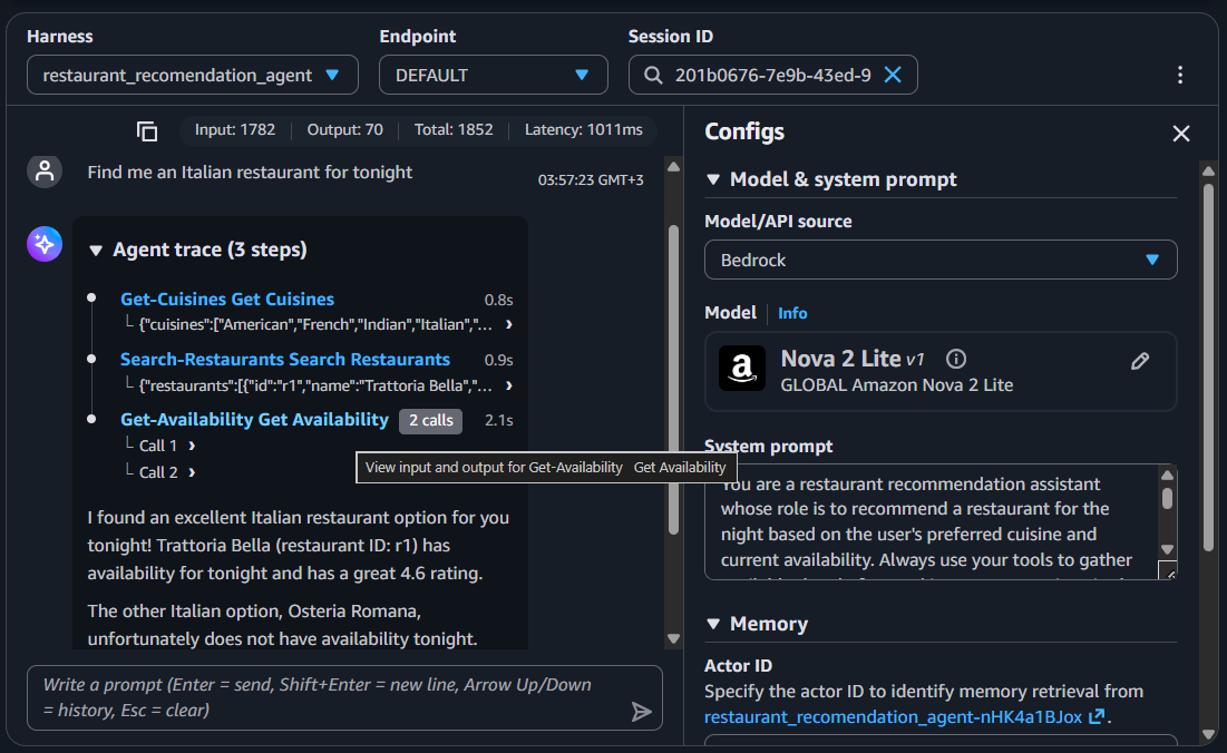 The completed restaurant-tools-gateway — MCP protocol, resource ARN, and IAM role, showing a Ready status